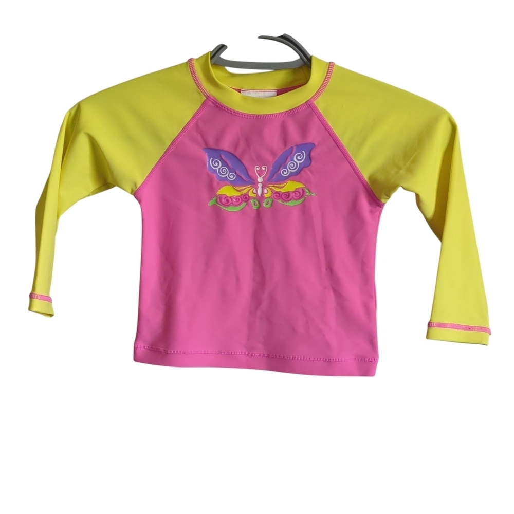 Hanna Andersson Kids Swim Rash Guard - Pink‎ and Yellow Butterfly Size 3 (90cm)